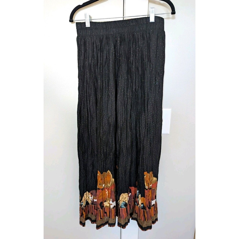 Orvis Vintage Black Pleated Maxi Skirt Animal Print Border Polka Dot sz L